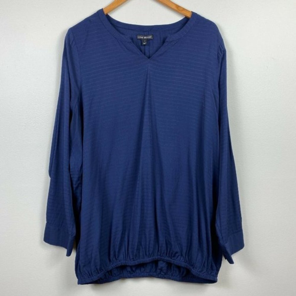 Lane Bryant Blouse Top 18 Navy Blue Popover V-Neck Long Tab Sleeve